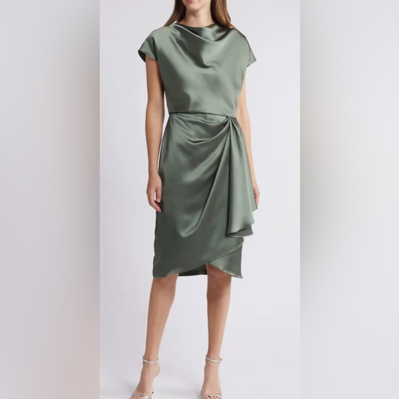 NWOT Amsale Cowl Neck Satin Sheath Dress olive green sz 2 - Picture 1 of 8